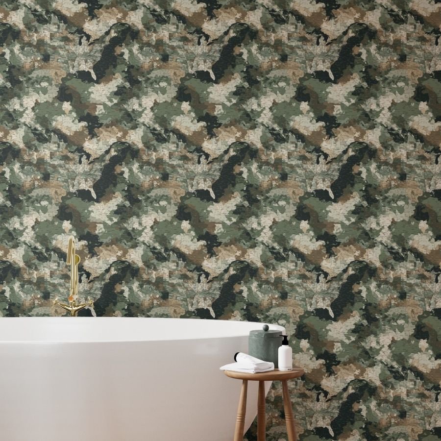 USA State Outline Camouflage Map Design in Earth Tone Green and Sand Wallpaper bold wallpaper