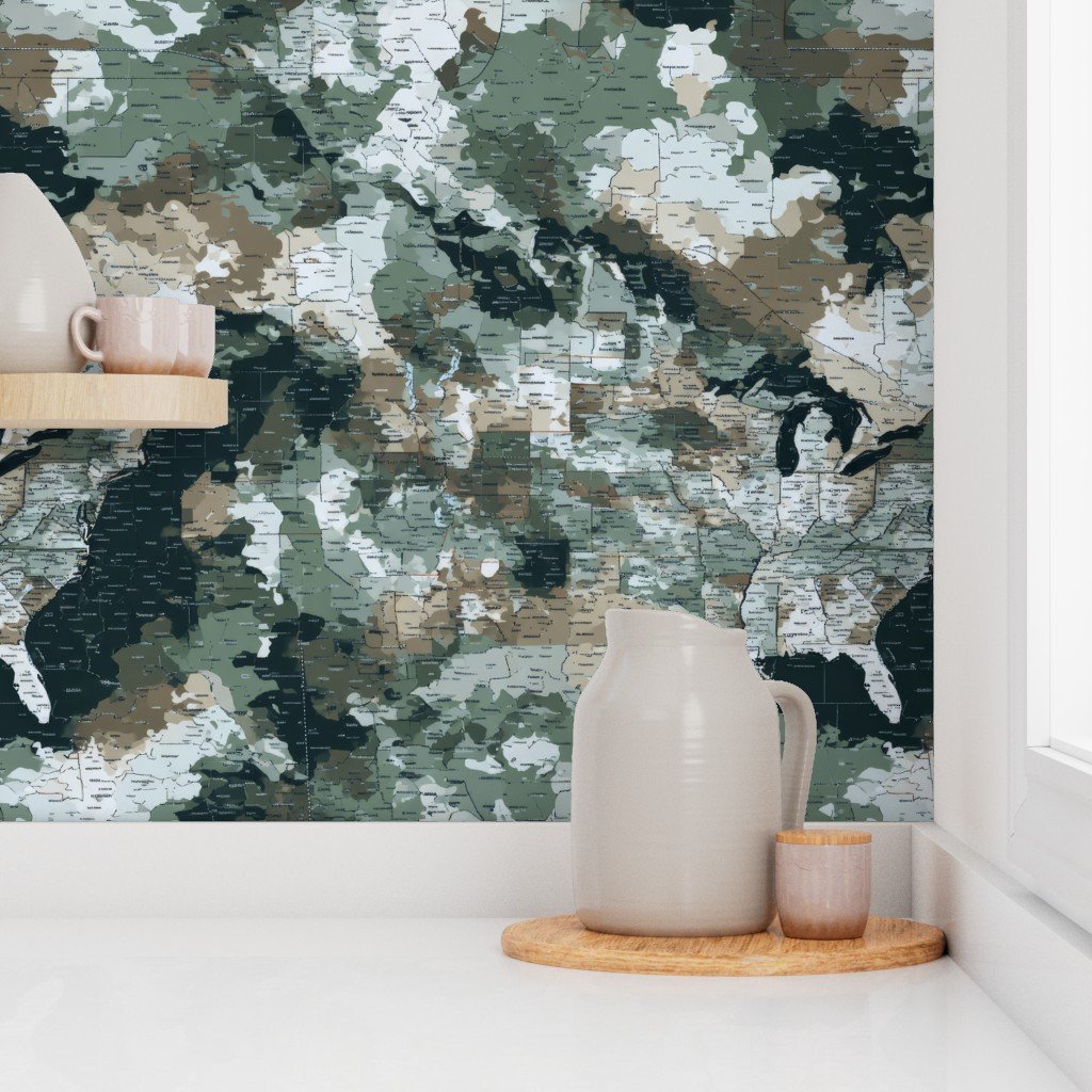 USA State Outline Camouflage in Sage Green and Slate Wallpaper bold wallpaper