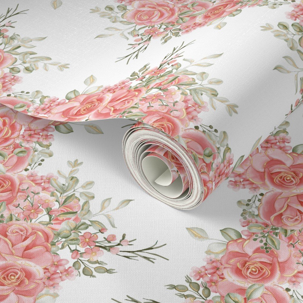 Vintage English Garden Watercolor Coral Pink Rose Stripe Pattern on Wh Wallpaper cottagecore wallpaper