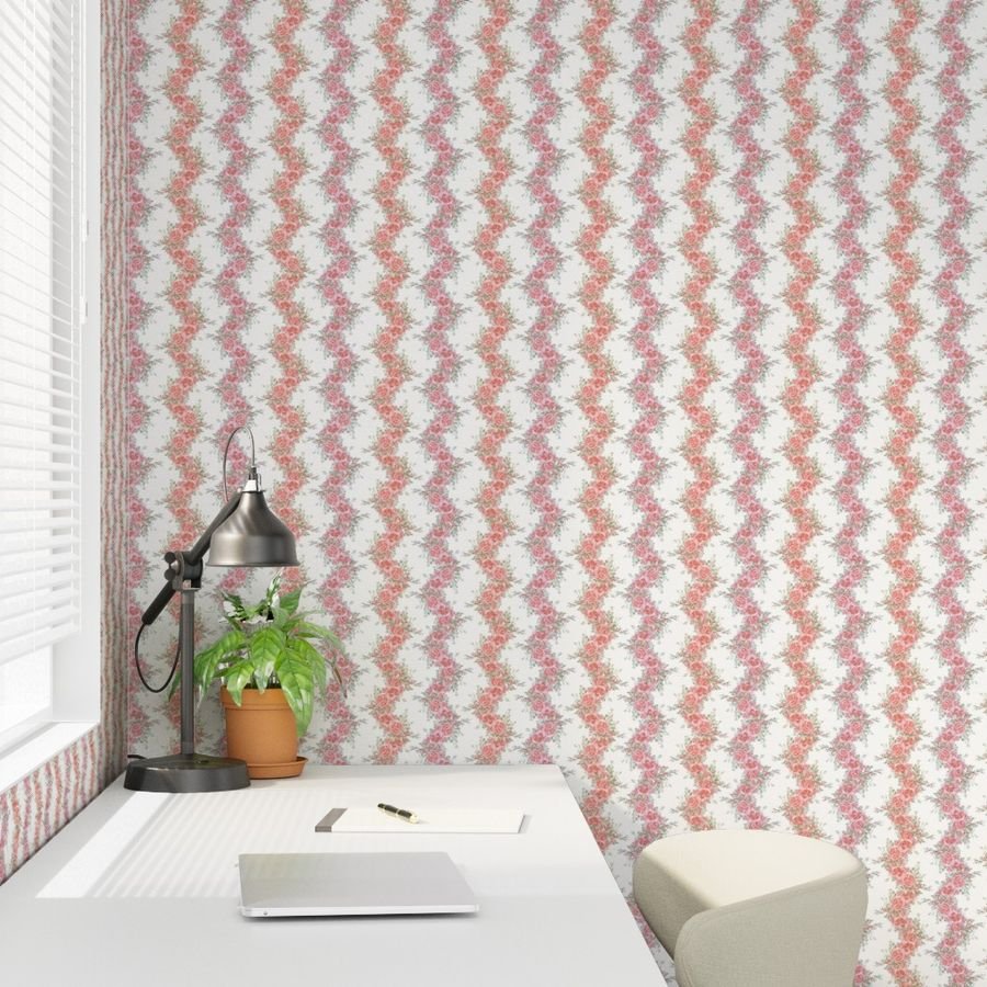 Vintage English Garden Small Two Tone Pink Rose Stripe Pattern on Whit W Wallpaper elegant wallpaper