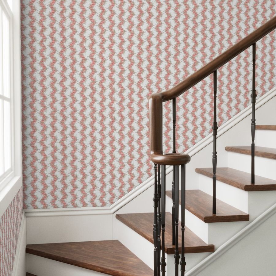 Vintage English Garden Small Coral Pink Rose Stripe Pattern on White Wallpaper coral wallpaper