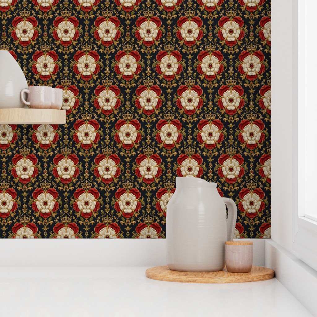 Royal Tudor Rose Crown Damask on Midnight Black Wallpaper damask wallpaper