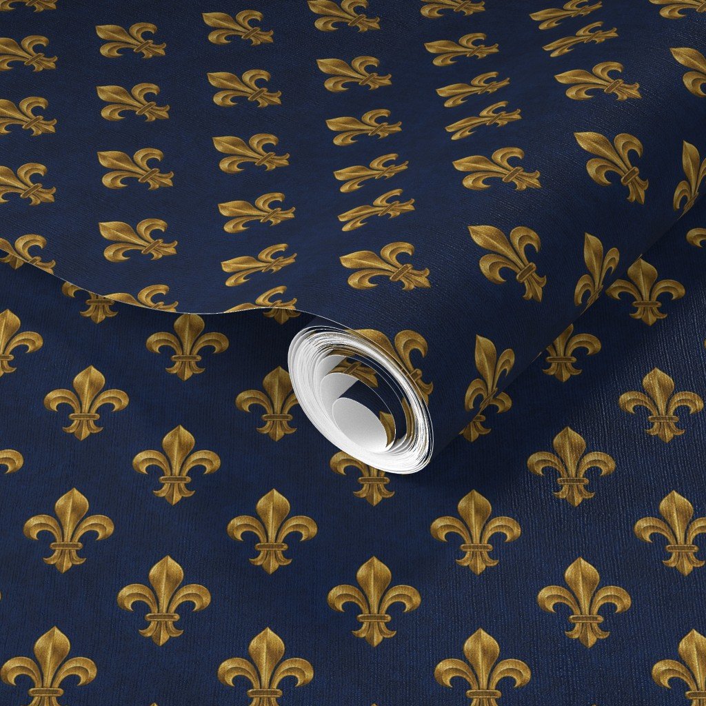 Small Royal French Fleur de Lis Gold on Deep Bourbon Blue Pattern Wallpaper french royal wallpaper