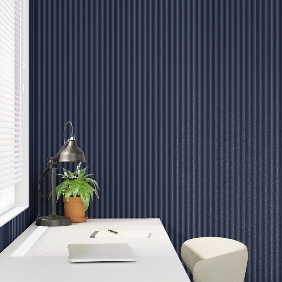 Classic White Pinstripe on Navy Blue Office Stripe Pattern Wallpaper office fabric wallpaper
