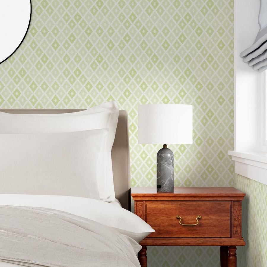 Small Sun Faded Mediterranean Diamond Pattern in Lime Sage Green Interior Collection Design Collection faded botanical wallpaper