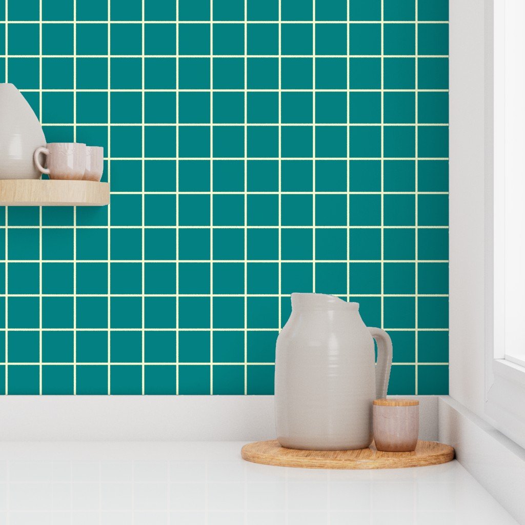 Classic Cream White and Teal 2 Inch Grid Interior Collection Home Styling Collection 2 inch wallpaper