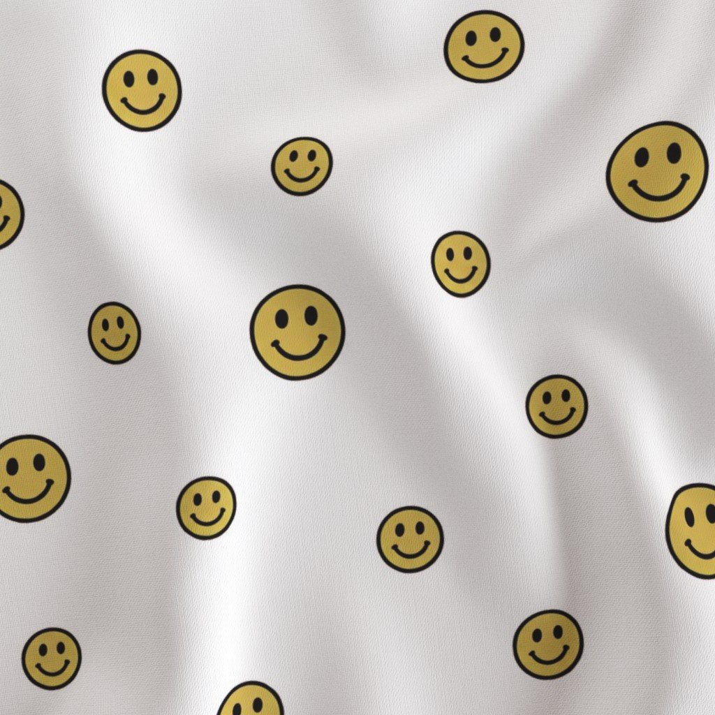 Retro Yellow Smiley Faces on White Fabric pop art fabric