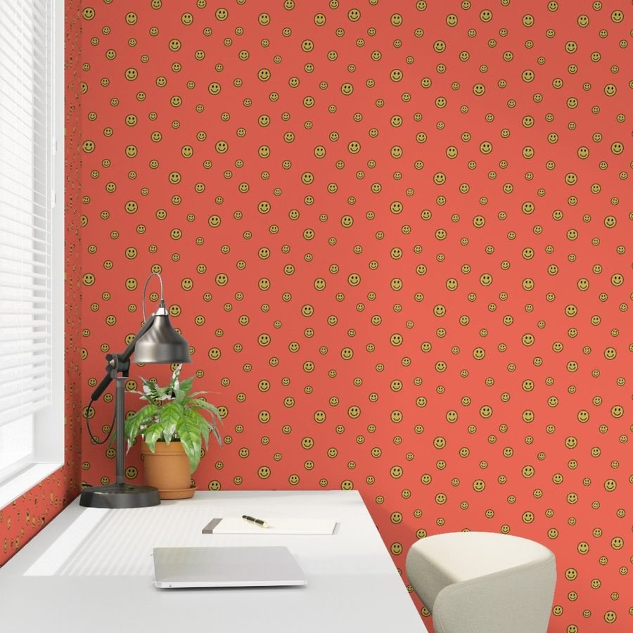 Retro Yellow Smiley Faces on Coral Decor Collection Design Collection 90s nostalgia wallpaper