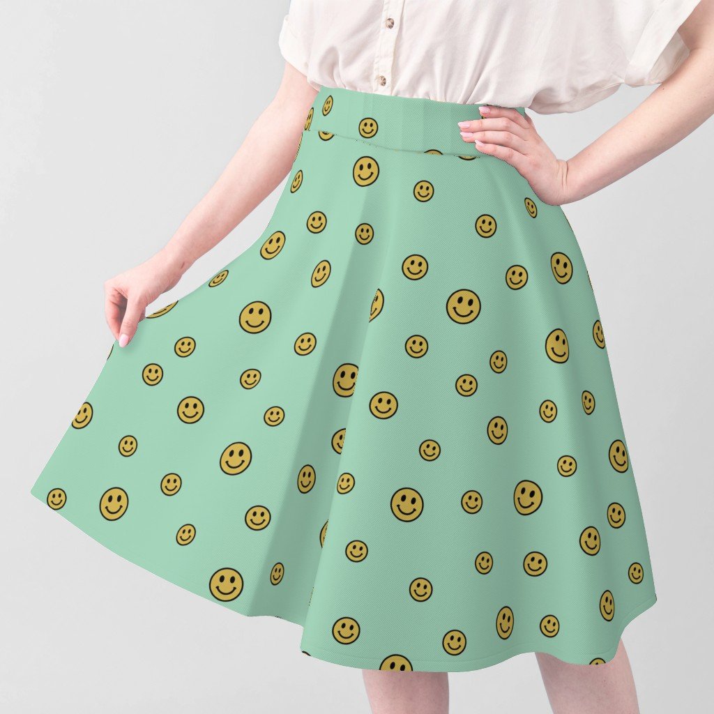 Retro Yellow Smiley Faces on Mint Green Fabric pastel green fabric