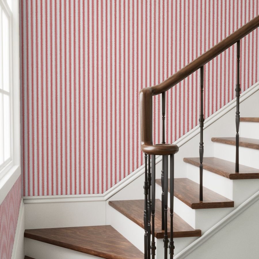 Mattress Ticking Wide Striped Pattern in Red and White Wallpaper ticking stripes wallpaper