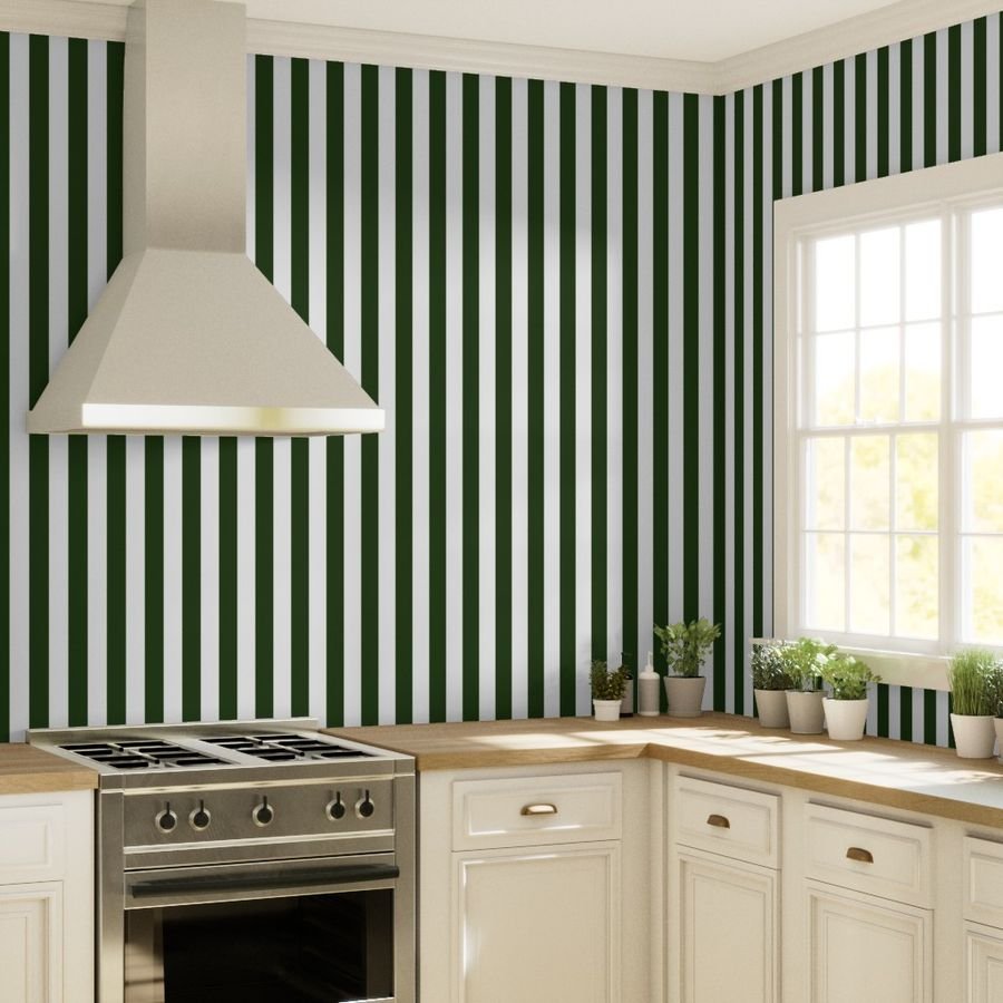Forest Green and White Wide 2-inch Cabana Tent Vertical Stripes Wallpaper wide cabana stripe wallpaper