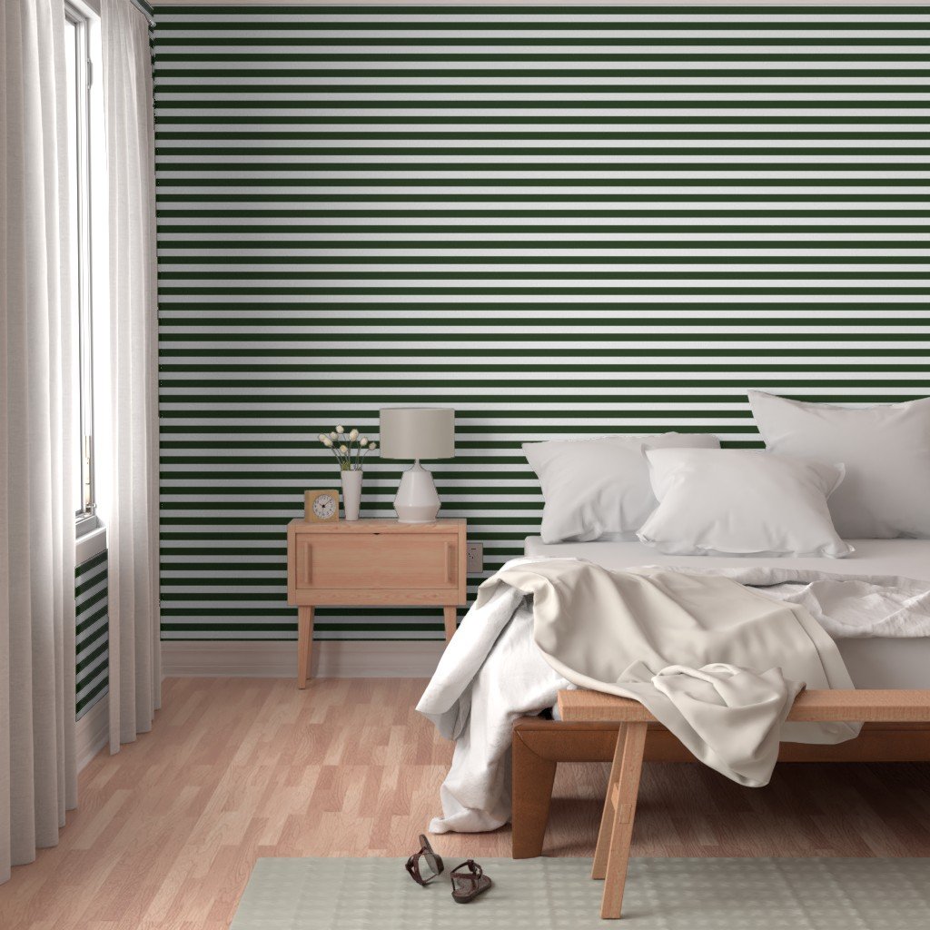 Forest Green and White Big 1-inch Beach Hut Horizontal Stripes Wallpaper dark green wallpaper