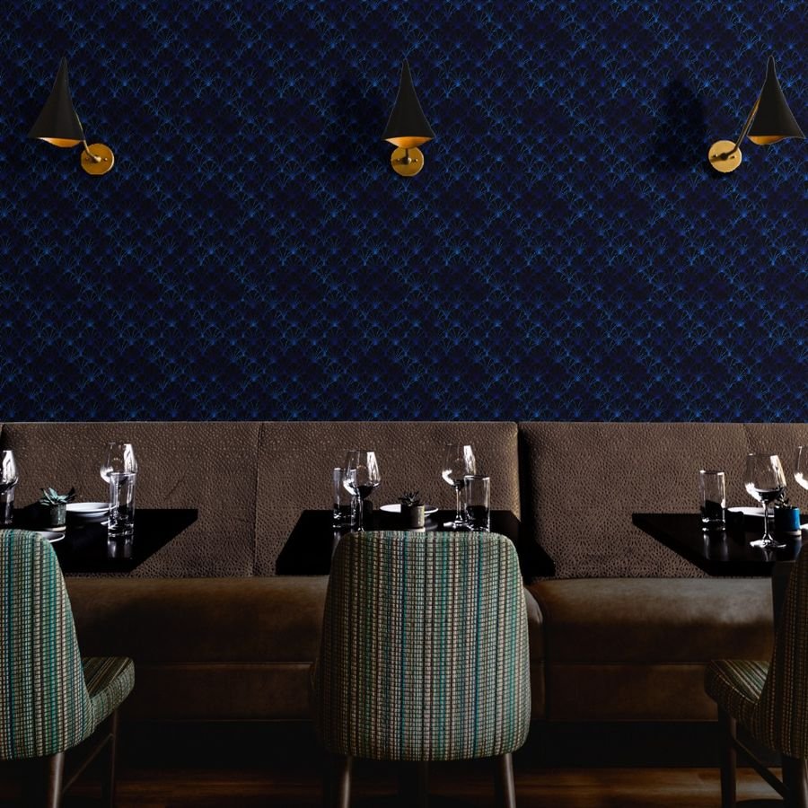 Scallop Shells in Black and Classic Blue Art Deco Vintage Faux Foil Wallpaper blue foil wallpaper