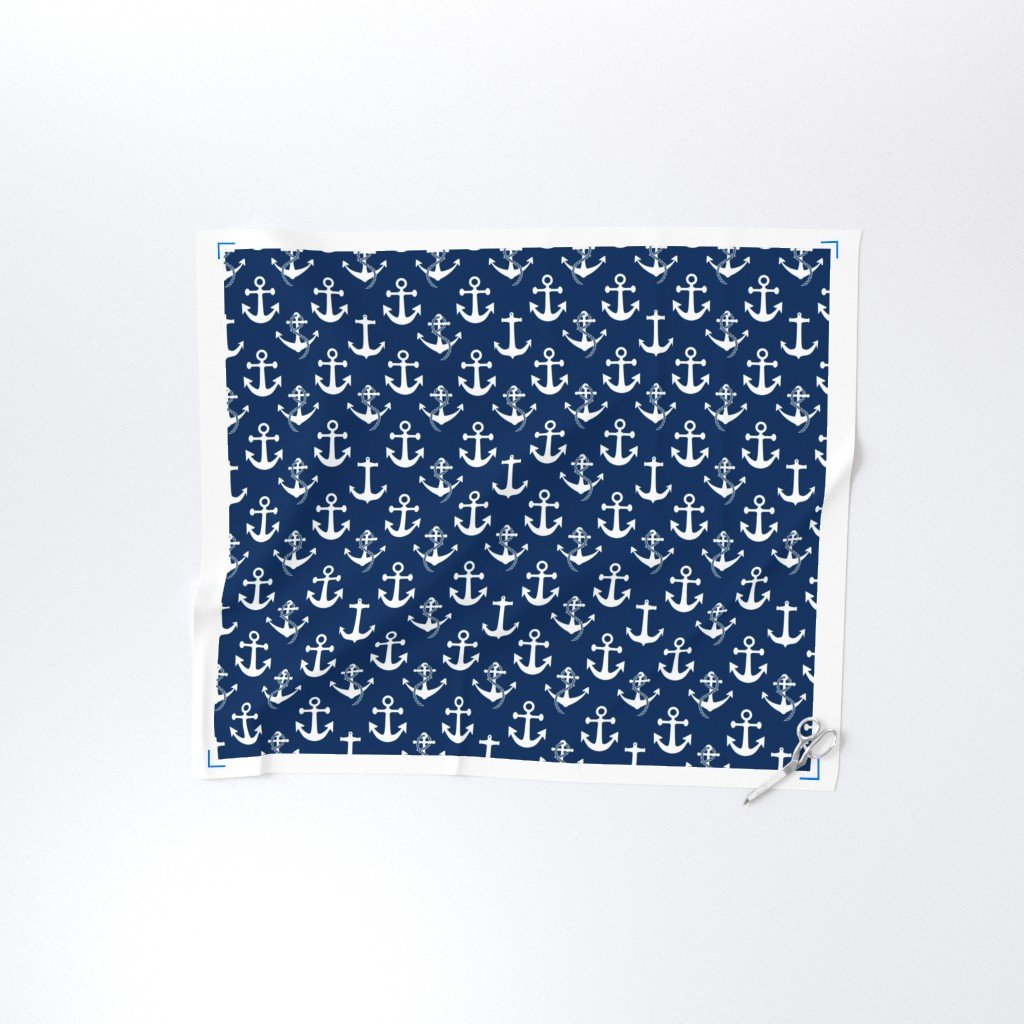 Large Nautical White Sailing Boat Anchors on Blue Fabric anchor pattern fabric