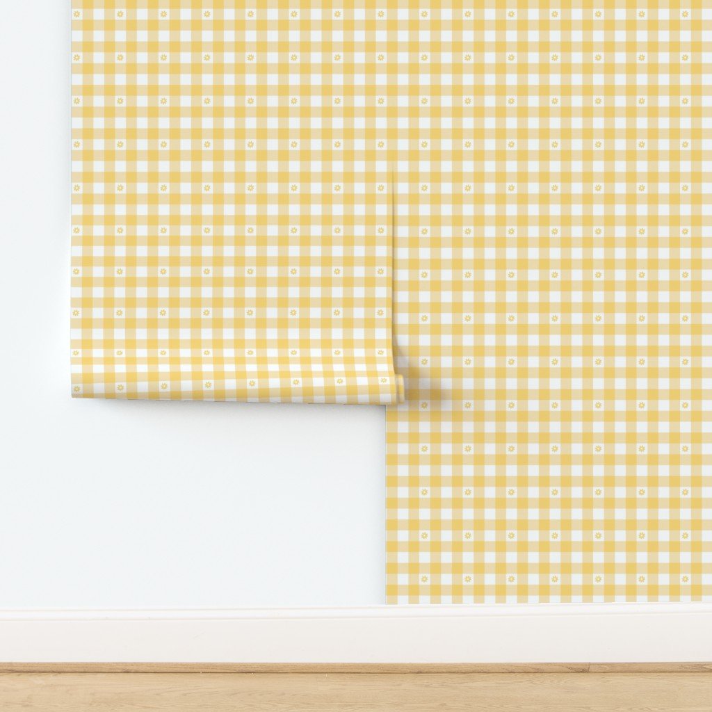 Buttercup Yellow and White Gingham Check with Center Floral Medallions in Home Decor Collection design