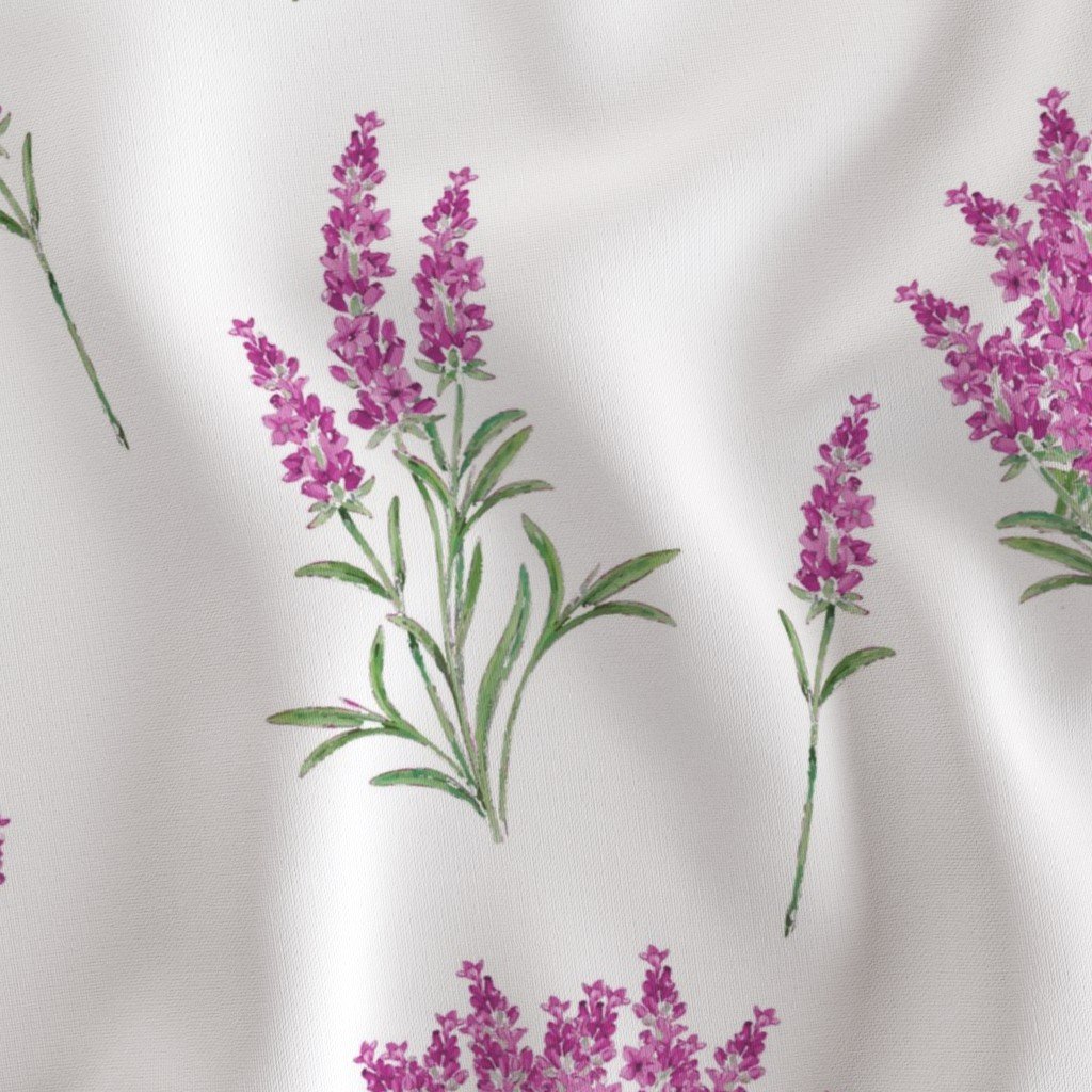 Pink Floral Sprig on White Fabric lavender bush fabric