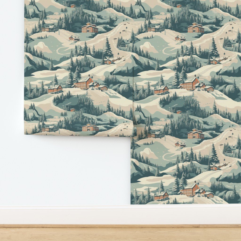 Vintage Ski Slope Blue Wallpaper design