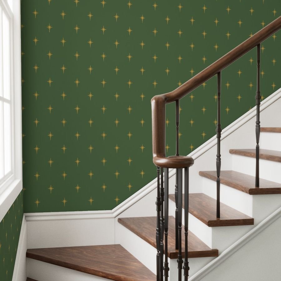Christmas Faux Gold Foil Star in Fir Tree Green Wallpaper christmas star wallpaper