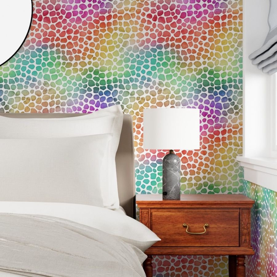Rainbow Bright Pastel Mosaic Watercolor Spots in Mirror Repeat Wallpaper rainbow spots wallpaper