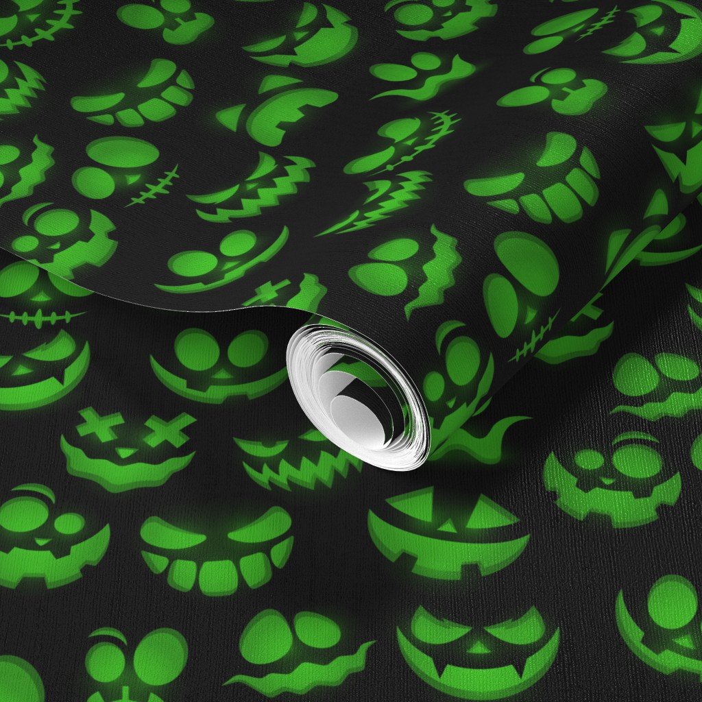 Mini Grinning Halloween Jack o Lantern Faces in Neon Green on Black Wallpaper scary faces wallpaper