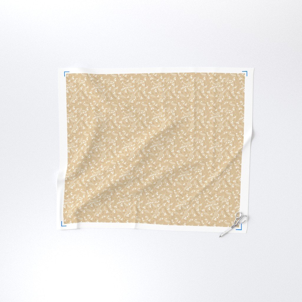 Christmas Beige and White Small Holly and Mistletoe Repeat on Pale Fabric pale gold fabric