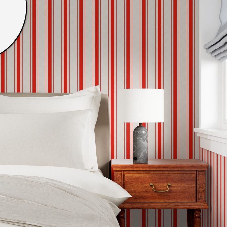 Garnet Red Antique Vintage Mattress Ticking Stripe on Cream Wallpaper ticking stripes wallpaper