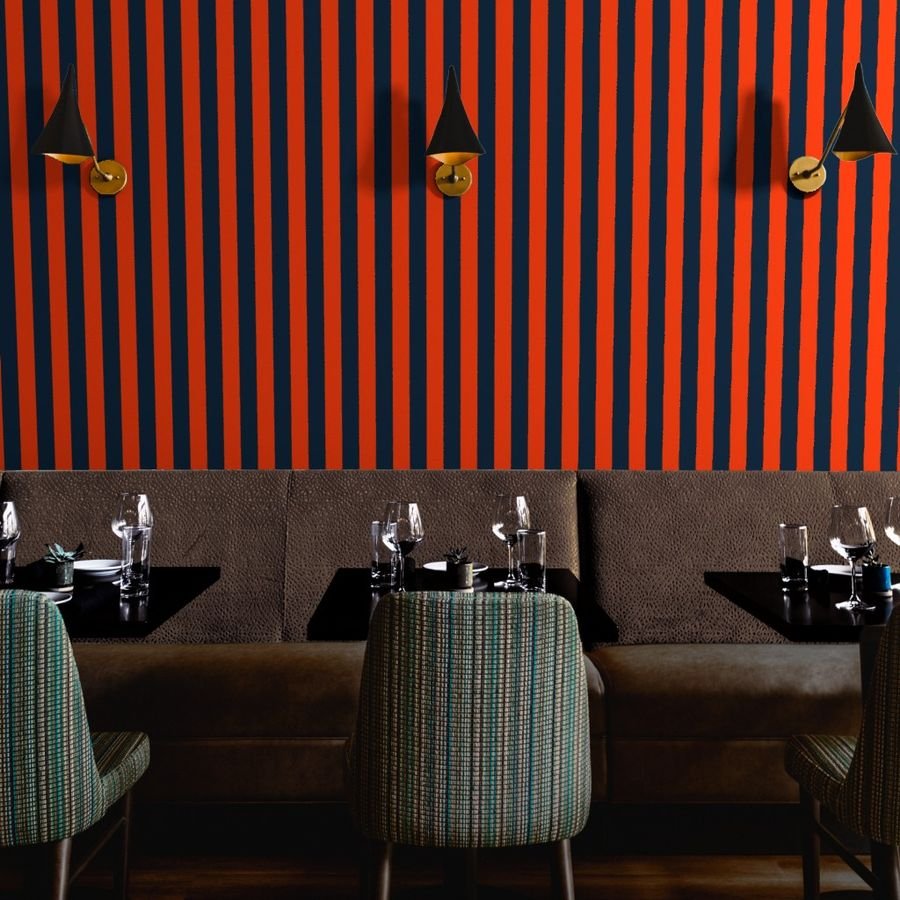3 Inch Vertical Navy and Orange Cabana Stripes Wallpaper orange and blue wallpaper
