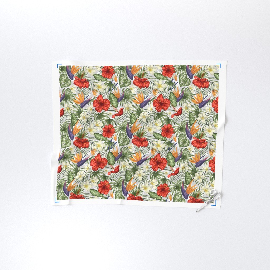 White and Red Hawaiian Hibiscus Birds of Paradise and Plumeria Fabric palm leaves fabric