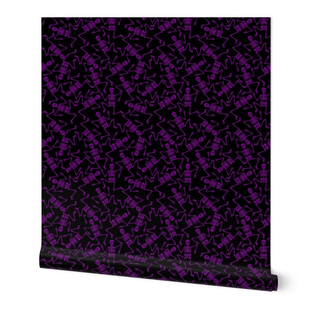 Small Purple Dancing Halloween Skeletons Scattered On Black Wallpaper purple skeletons wallpaper