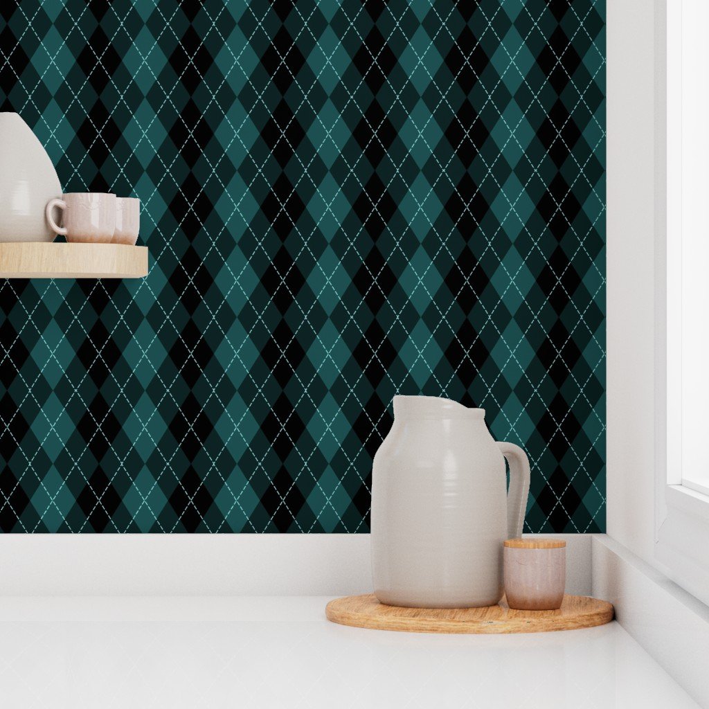 Dark Teal Argyle Diamond Check Wallpaper lifestyle view