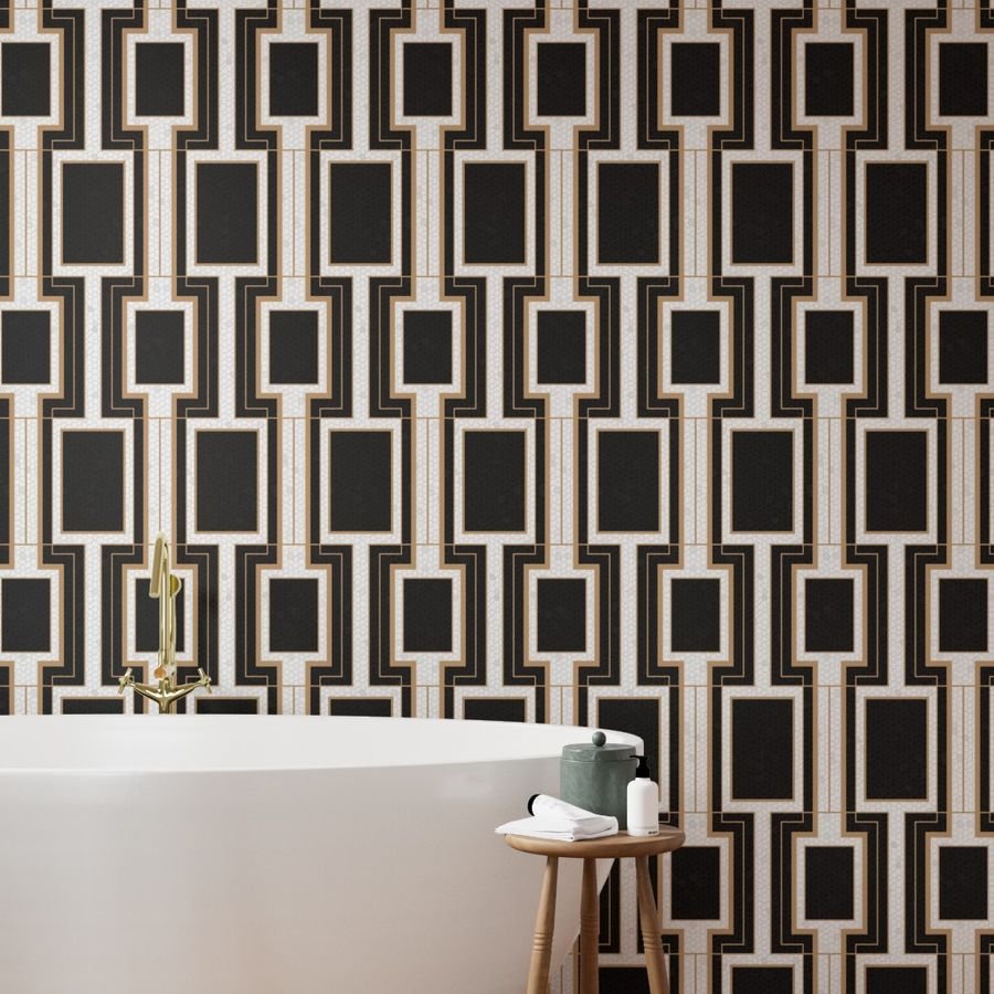 Jumbo Art Deco Geometric Rectangles in Cracked Black and Faux Gold Wallpaper black and gold wallpaper