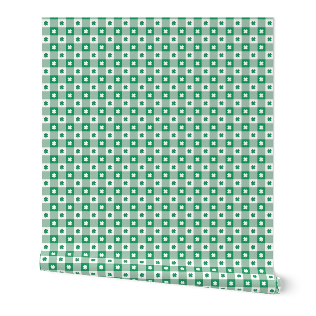 Kelly and White Gingham Check with Center Shamrock Medallions in Wallpaper shamrock medallion wallpaper