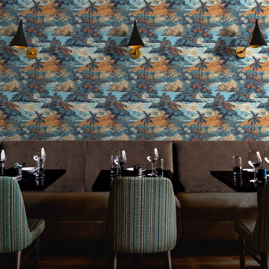 Vintage Hawaiian Landscape Blue Wallpaper tropical landscape wallpaper