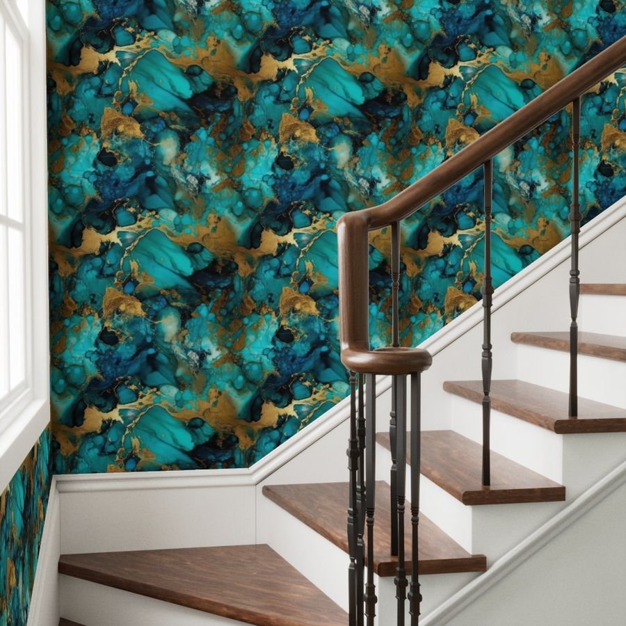 Turquoise and Gold Alcohol Ink 1 Wallpaper gold metallic ink wallpaper