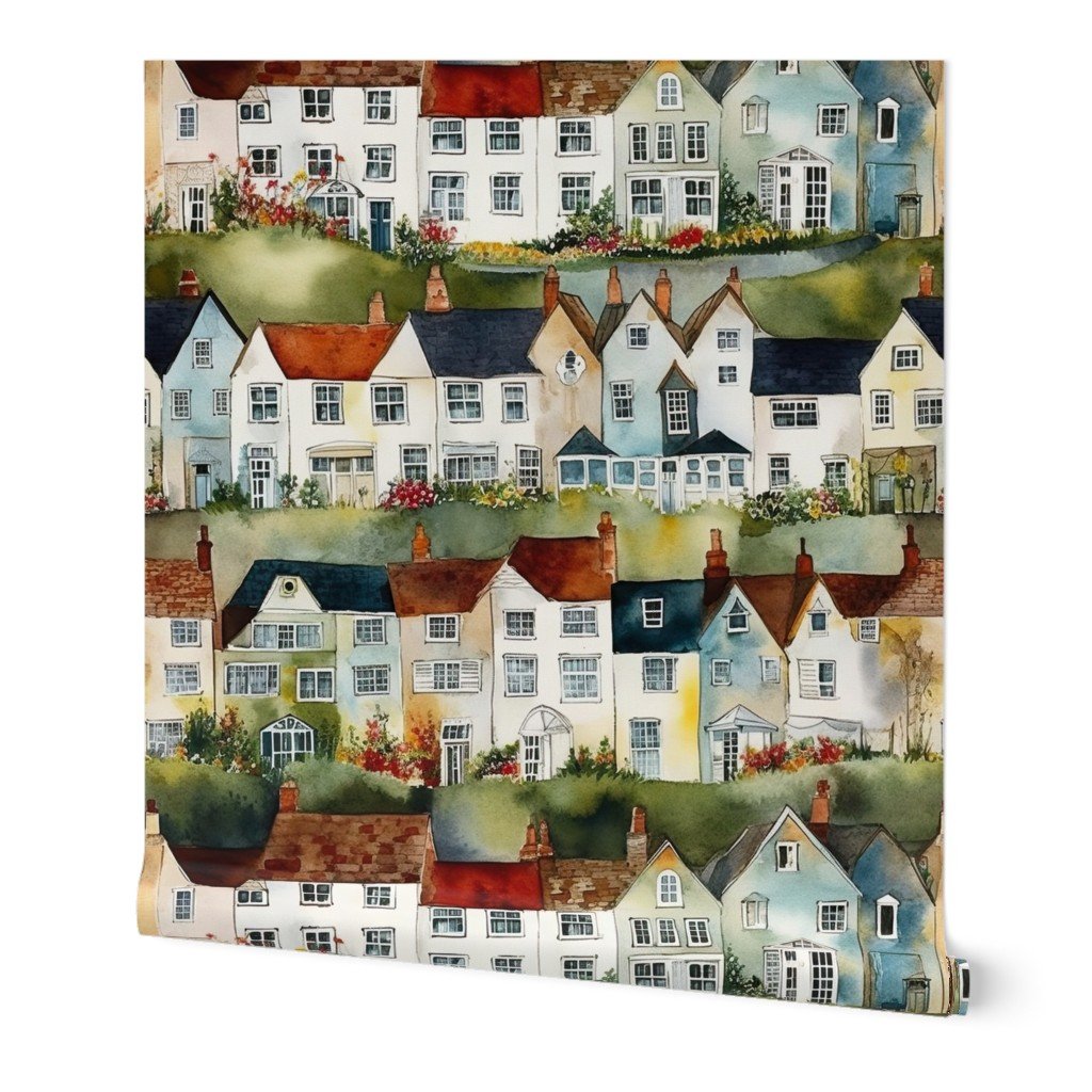 English Village Houses in Watercolor Wallpaper home wallpaper