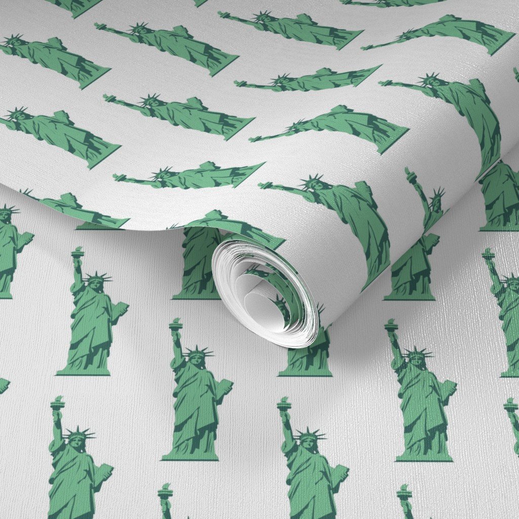Mini Lady Liberty Statues Repeat in Beguiling Green on White Wallpaper green color wallpaper