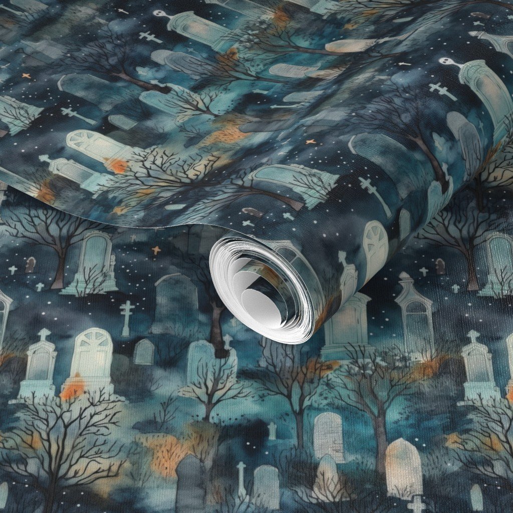 Mini Haunted Graveyard and Night Mist Blue Moonlight with Ghosts Wallpaper spooky night wallpaper