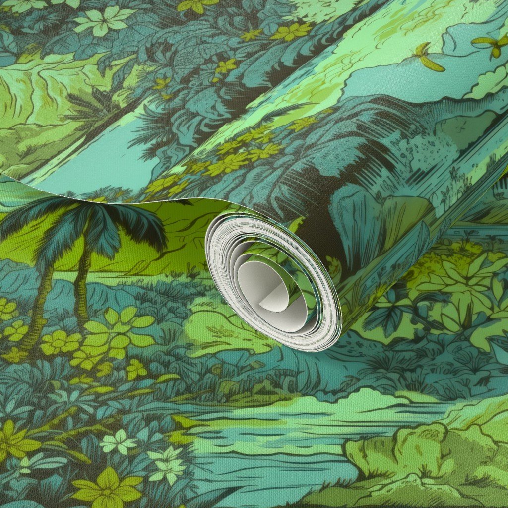 Small Vintage Hawaiian Landscape in Lime and Aqua Wallpaper vintage hawaii wallpaper
