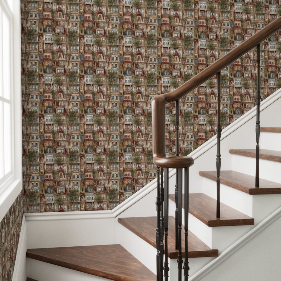 Brownstone Buildings in Varied Tones of Brown Watercolor Wallpaper architect wallpaper