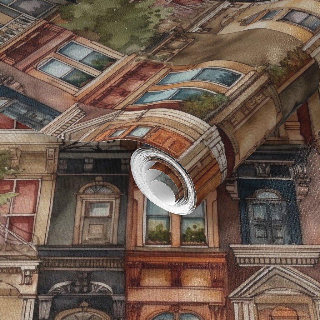 Brownstone Buildings in Varied Tones of Brown Watercolor Wallpaper architect wallpaper