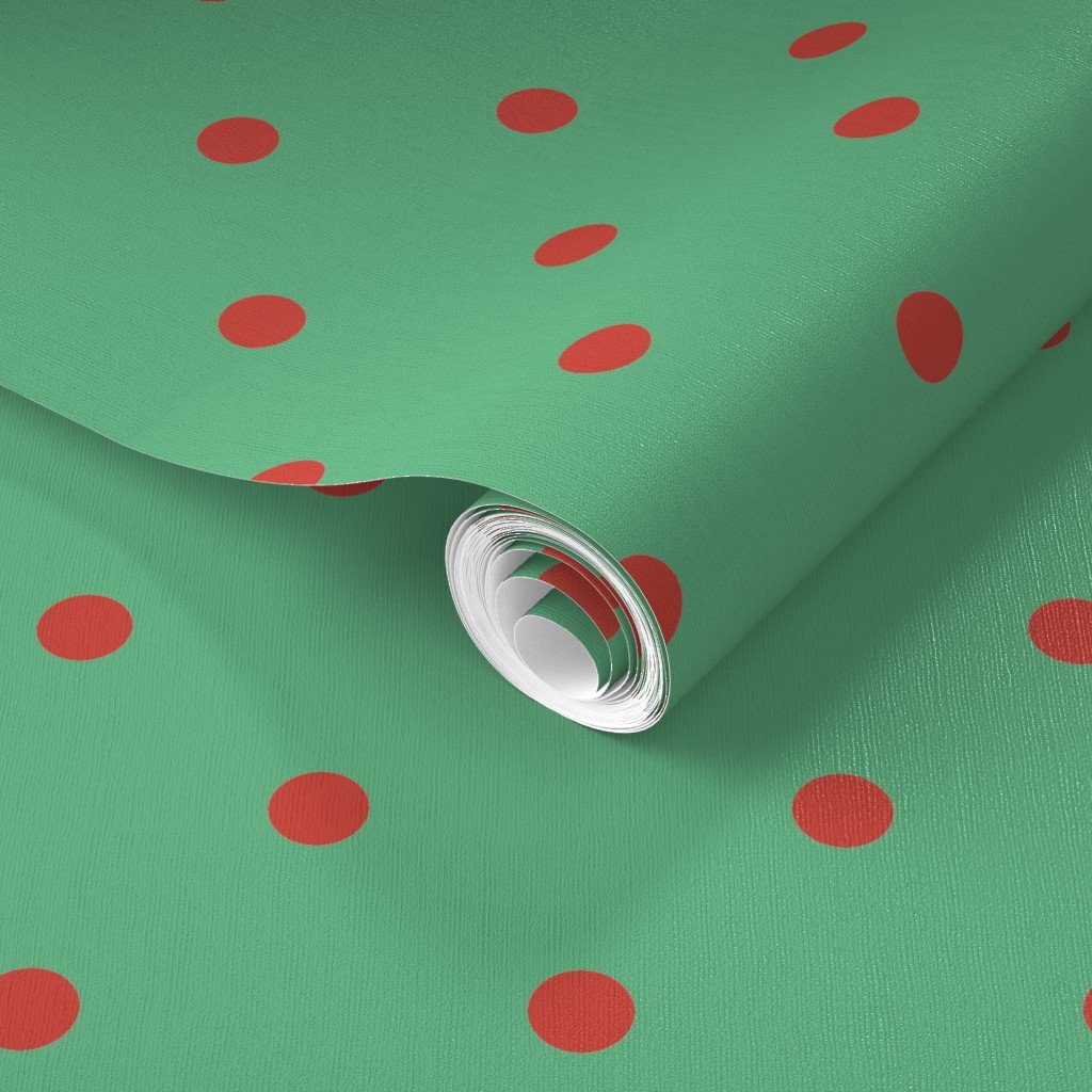 Red Vermillion Polka Dots on Vintage Christmas Green Wallpaper gold yellow gold sp wallpaper