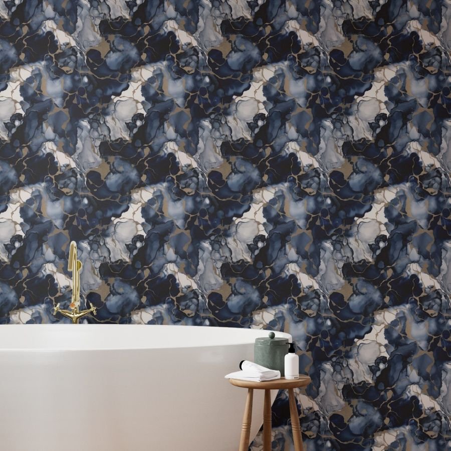 Twilight Navy Blue and Grey with Antique Gold Alcohol Ink Liquid Wallpaper navy blue ink wallpaper