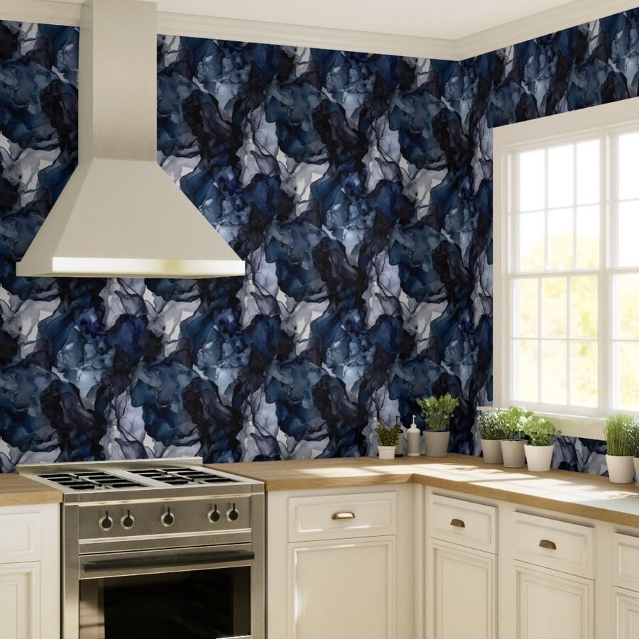 Twilight Navy Blue Lavender and Grey Alcohol Ink Liquid Swirls Wallpaper swirling pattern wallpaper