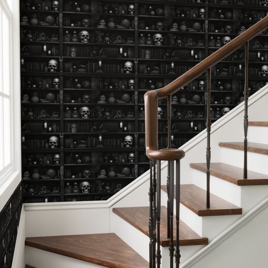 Spooky Photo realistic Dark Academia Bookshelves in Black and White Wallpaper halloween library wallpaper