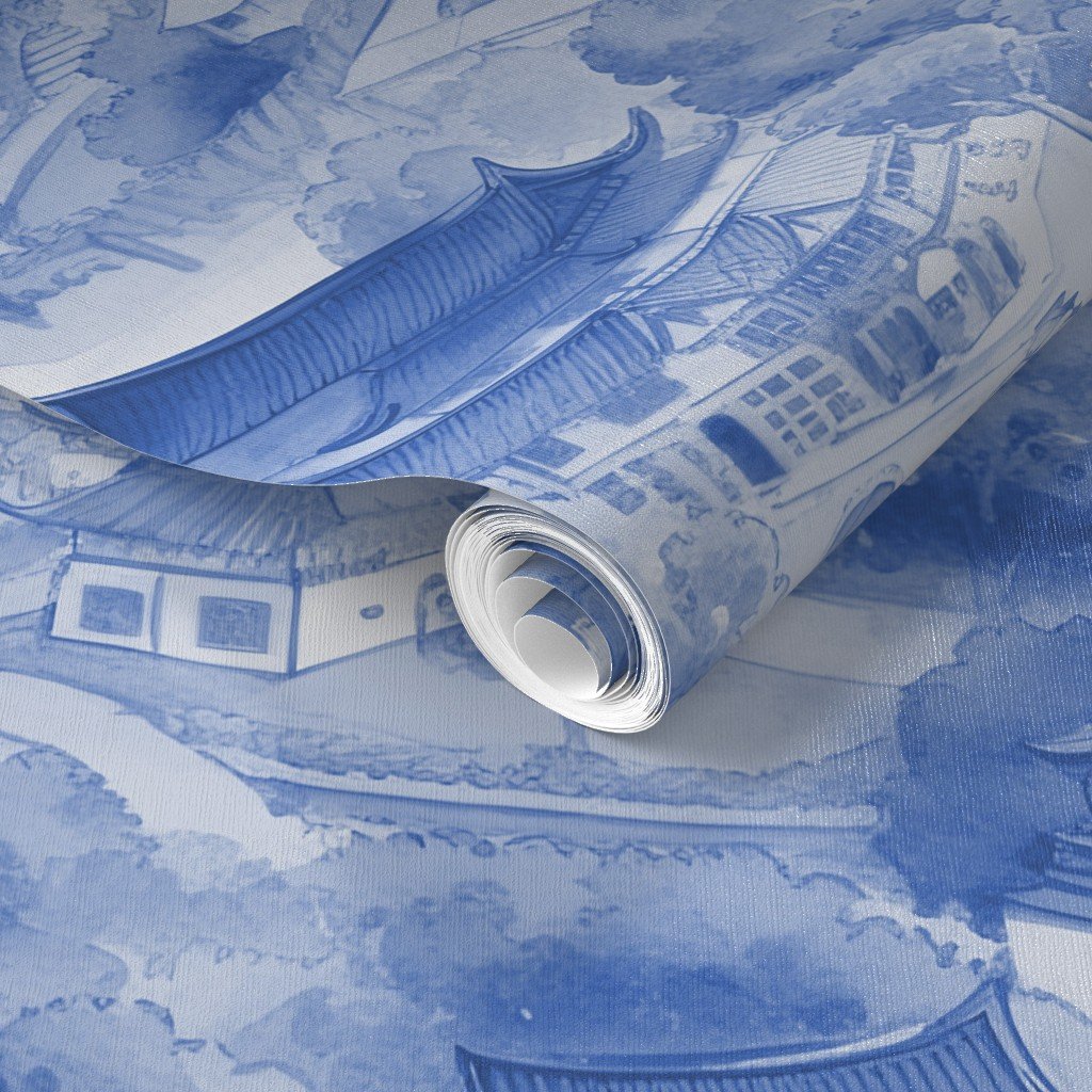 Small Chinese Village in Light Blue Porcelain Glaze Wallpaper chinese porcelain wallpaper