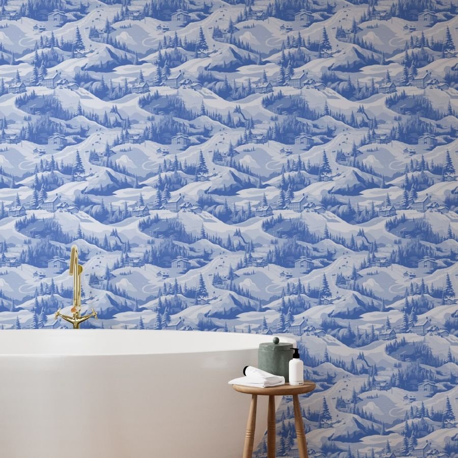 Small Montana Winter Cabins Montana with Evergreens in Mid China Blue Wallpaper blue glaze wallpaper