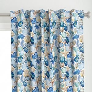 Blue and Sand Seashells and Shards of Tumbled and Scattered Watercolor Home Decor Collection Home Decor Collection blue and sand curtain design