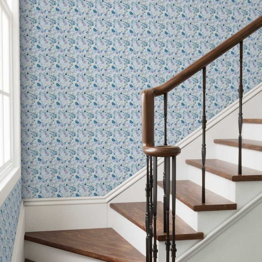 Small Blue and Lilac Shards of Tumbled and Scattered Watercolor Wallpaper soft gradients wallpaper