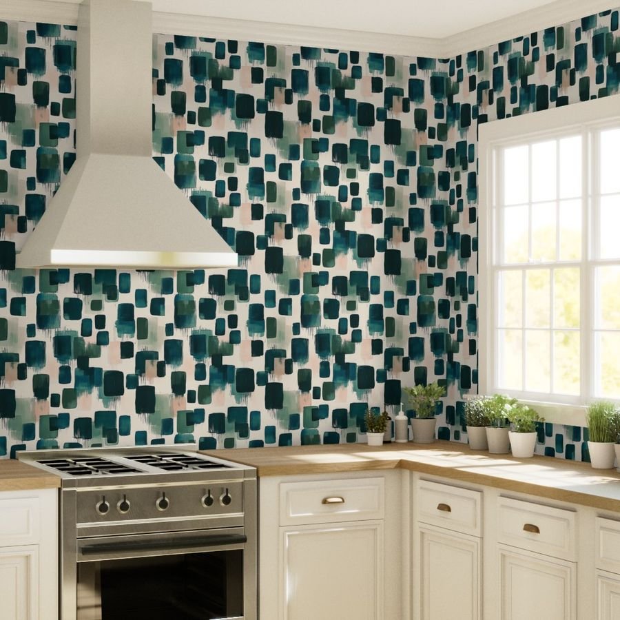 Large Abstract Earthy Brushstroke Blocks in Teal and Soft Peach Wallpaper contemporary wallpaper