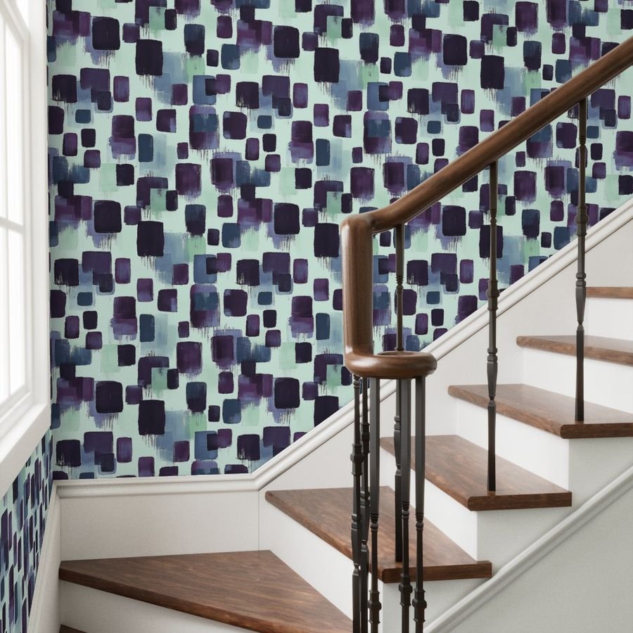 Large Abstract Brushstroke Blocks in Purple Teal and Cream Wallpaper brushstroke wallpaper